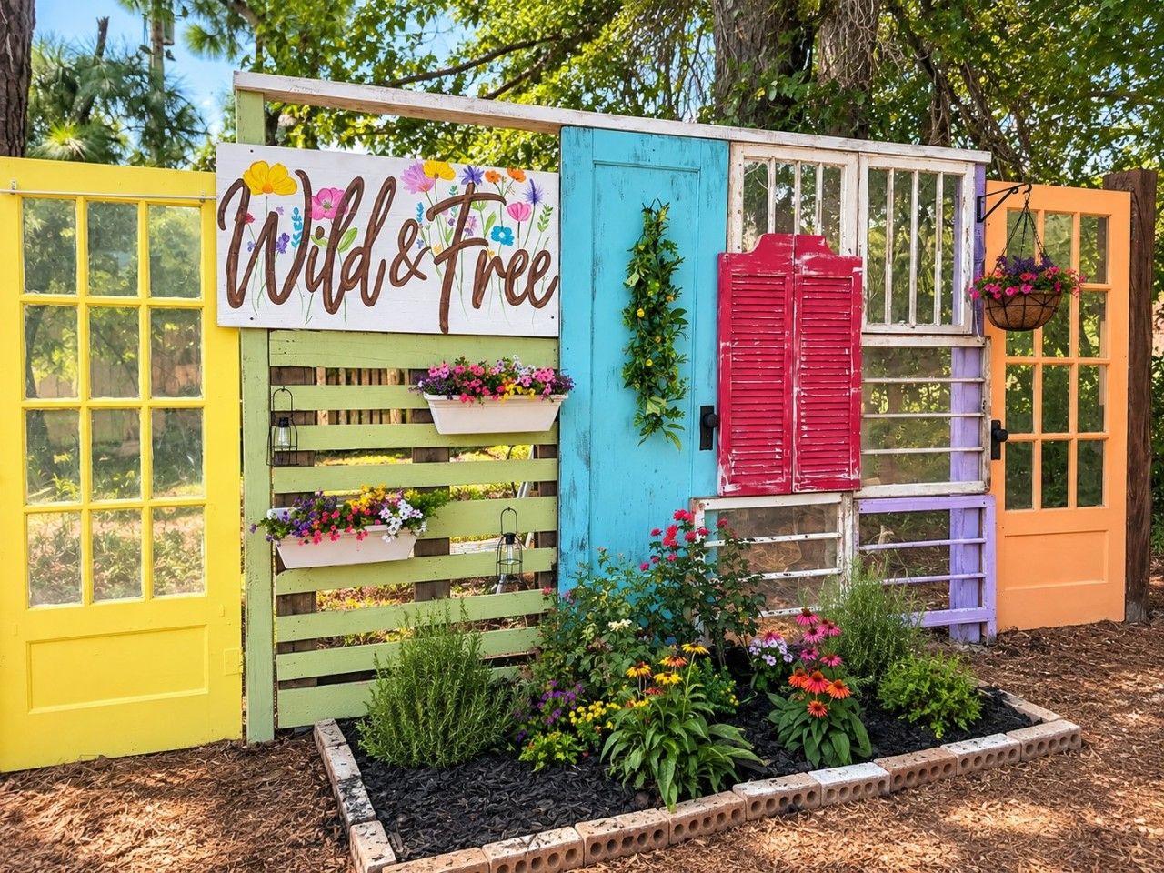 Een kleurrijke buitenconstructie met een bord waarop 'Wild & Free' staat, voorzien van een houten omheining, bloempotten en een klein tuintje.