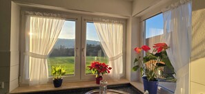 A room with a window overlooking a green landscape, two potted plants on the windowsill, and a clear view outside. - Spacious "Pfänderblick" vacation apartment - between Lindau & the Allgäu Alps (Sigmarszell)