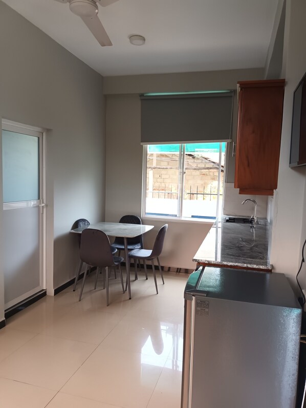 A kitchen with a refrigerator, a dining table with chairs, a window with a view, and a ceiling fan.
