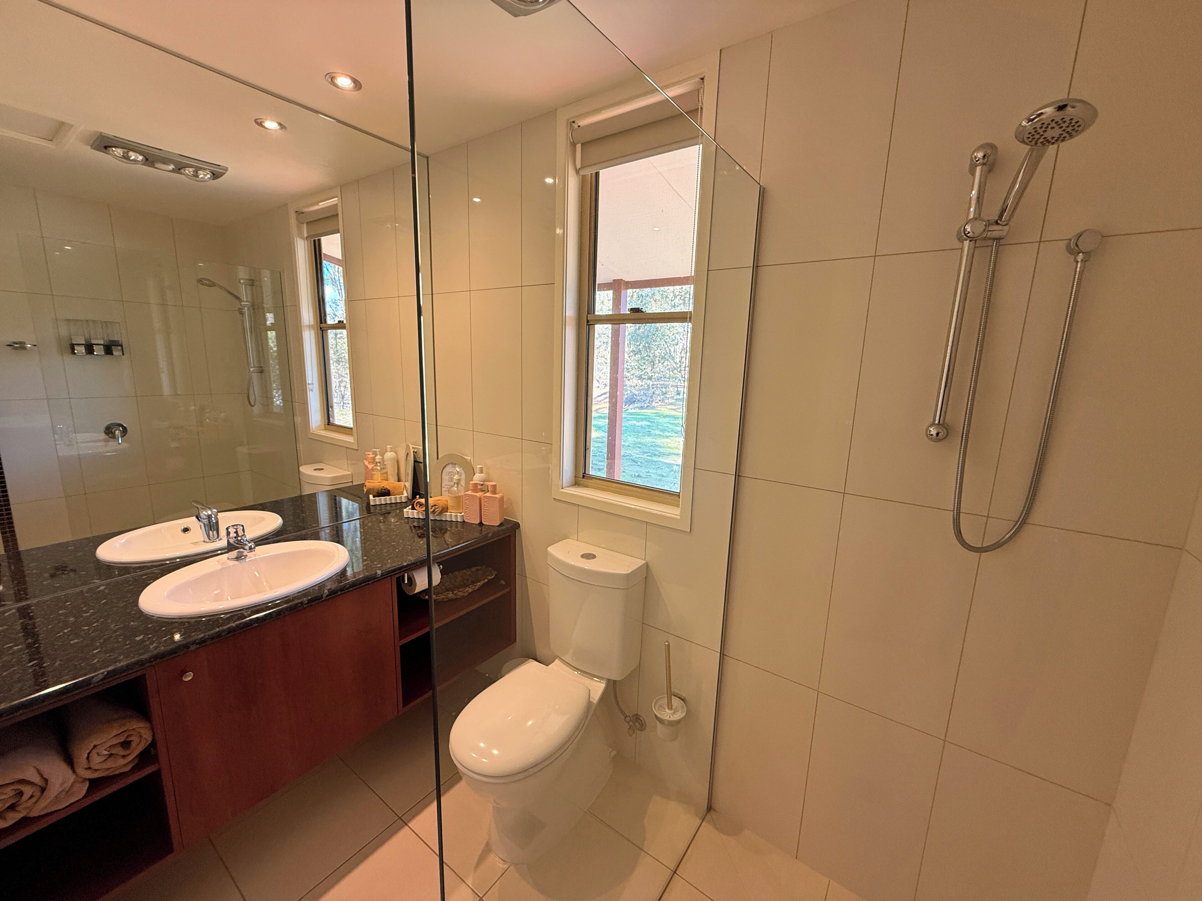 Hair dryer, towels, soap, toilet paper