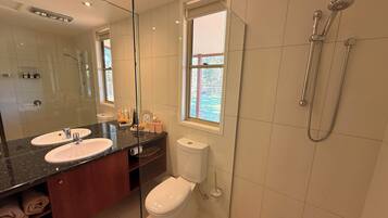 Hair dryer, towels, soap, toilet paper