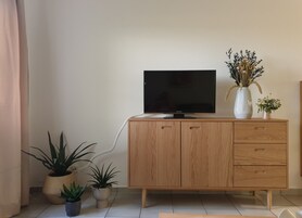 A wooden TV stand with a flat-screen TV, two potted plants, and a vase with dried flowers.