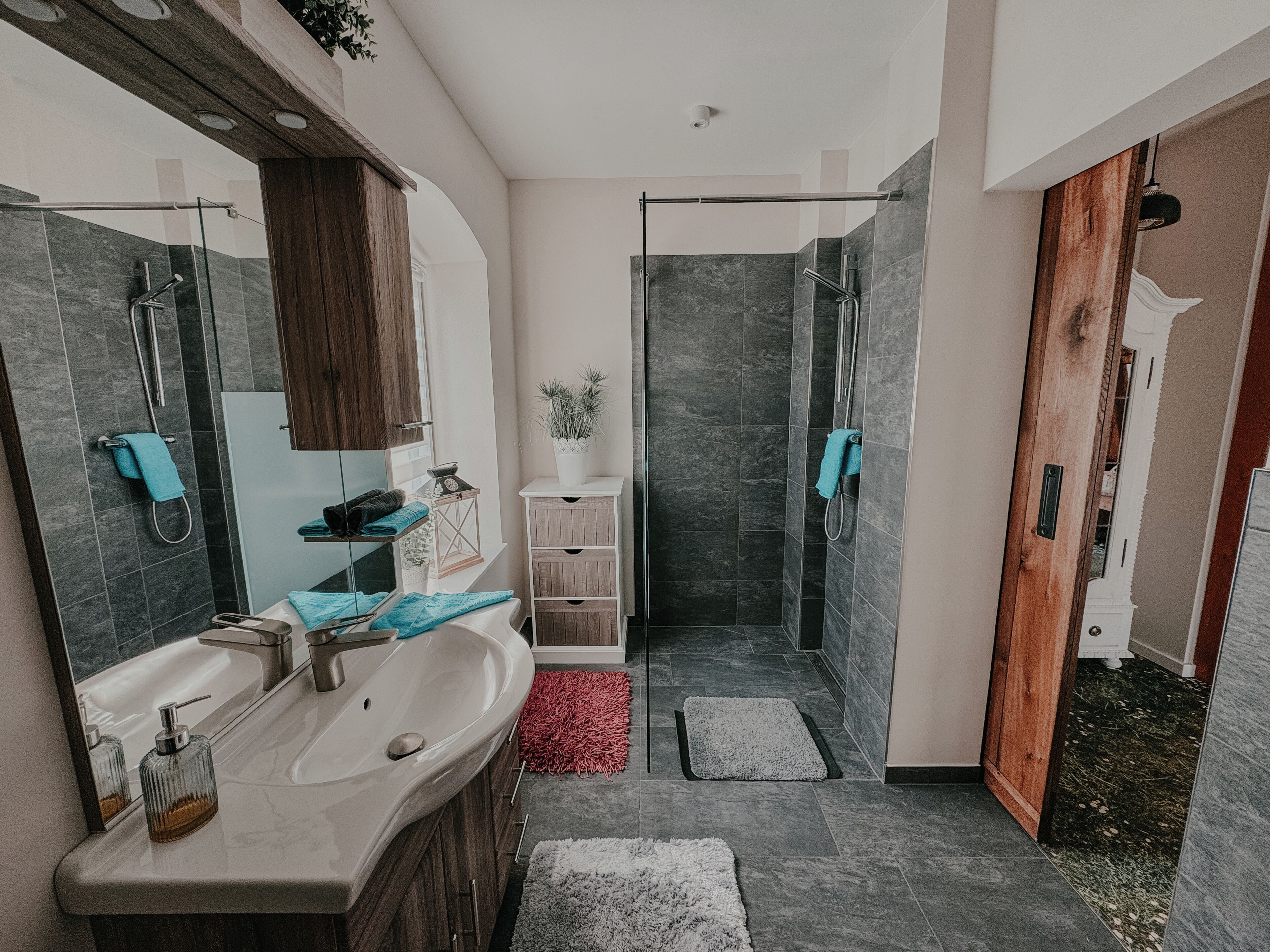 Shower, towels, toilet paper