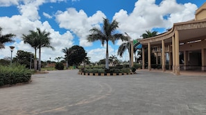 A paved courtyard with palm trees, a covered walkway, and a building with columns.
