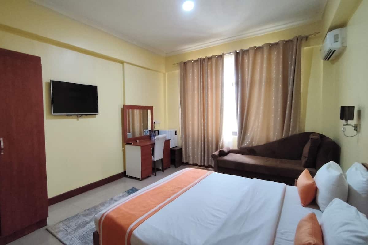 A hotel room with a bed, a desk with a chair, a television, a wardrobe, and a sofa.