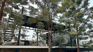 Un espacio al aire libre cubierto con una estructura de madera, posiblemente una terraza o patio, rodeado de árboles.
