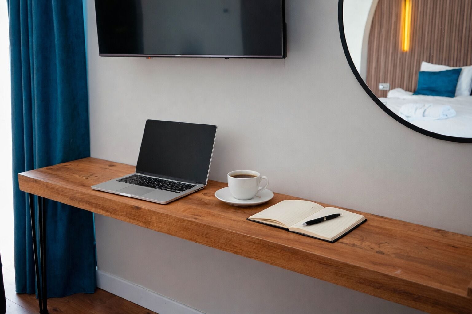 Desk, laptop workspace, blackout curtains, free WiFi