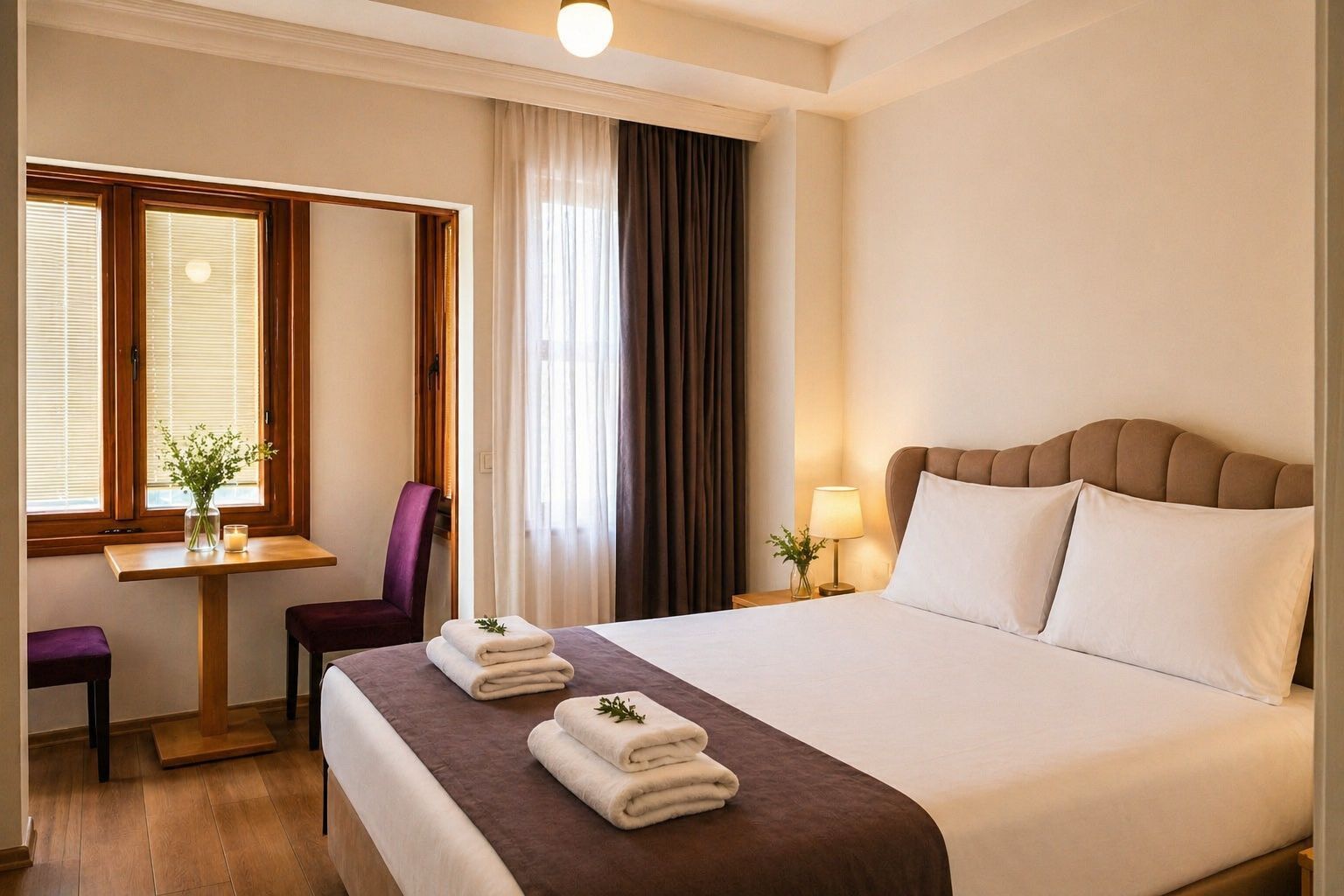 Una habitación de hotel con cama, escritorio, silla, ventana con cortinas y mesita de noche con lámpara.