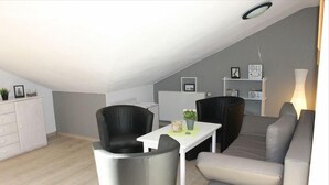 A modern loft apartment with a high ceiling, a dining area with a white table and chairs, a grey sofa, and a white cabinet. - Ferienwohnung in Orth auf Fehmarn (Fehmarn)