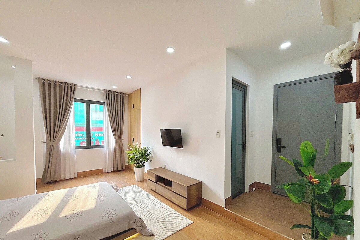 A modern bedroom with a bed, a TV, a plant, and a window with curtains.