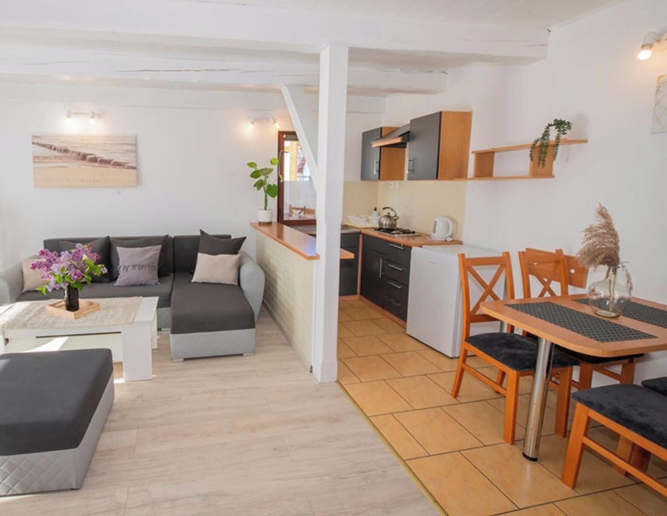 Un appartement moderne comprenant un salon, une kitchenette et un coin repas.