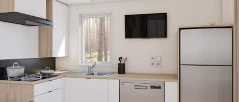 Fridge, microwave, dishwasher, coffee/tea maker