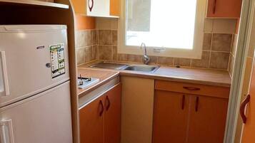 Een functionele keuken met een koelkast, magnetron, spoelbak en houten kastjes.