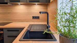 Cozinha moderna com pia preta, bancada de madeira e um vaso com planta.
