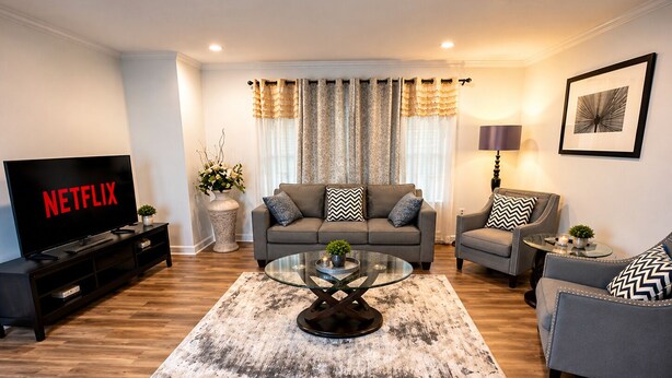A modern living room with a sofa, armchairs, a coffee table, a TV, and a lamp. - Stylish 3-bedroom Oakland apartment near universities, hospitals, and downtown. (Pittsburgh)