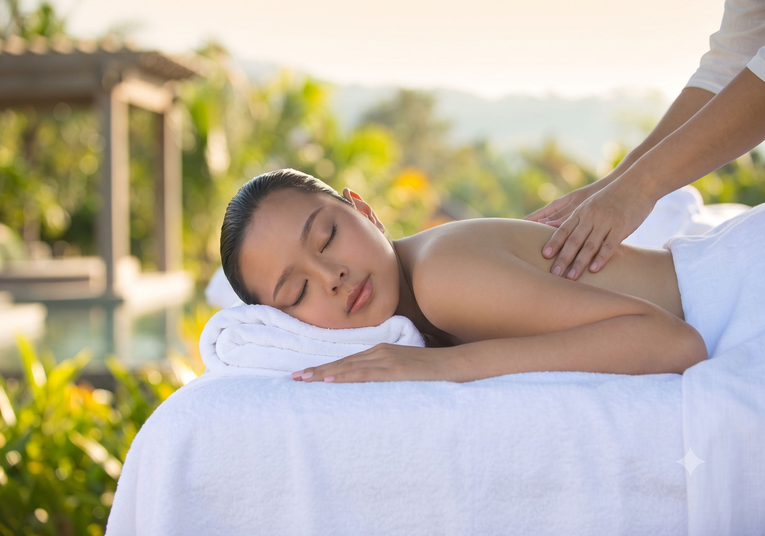 Une personne reçoit un massage du dos en plein air, avec une piscine et de la verdure en arrière-plan.
