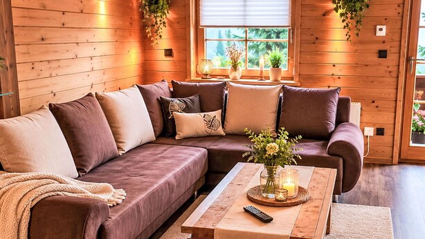 Una sala de estar acogedora con un amplio sofá modular, una mesa de centro de madera y una ventana con plantas.