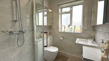 Shower, towels, soap, toilet paper