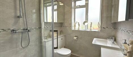 Shower, towels, soap, toilet paper