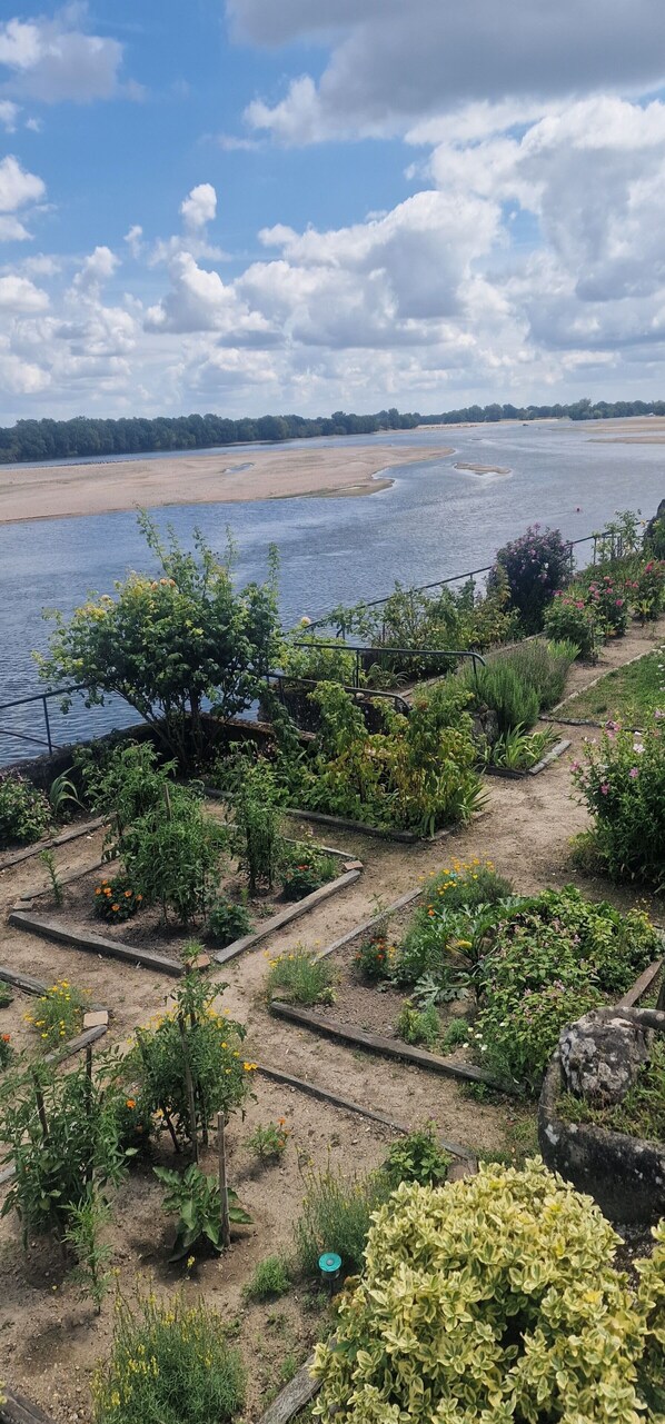 Ein Garten mit erhöhten Beeten und Blick auf einen Fluss.