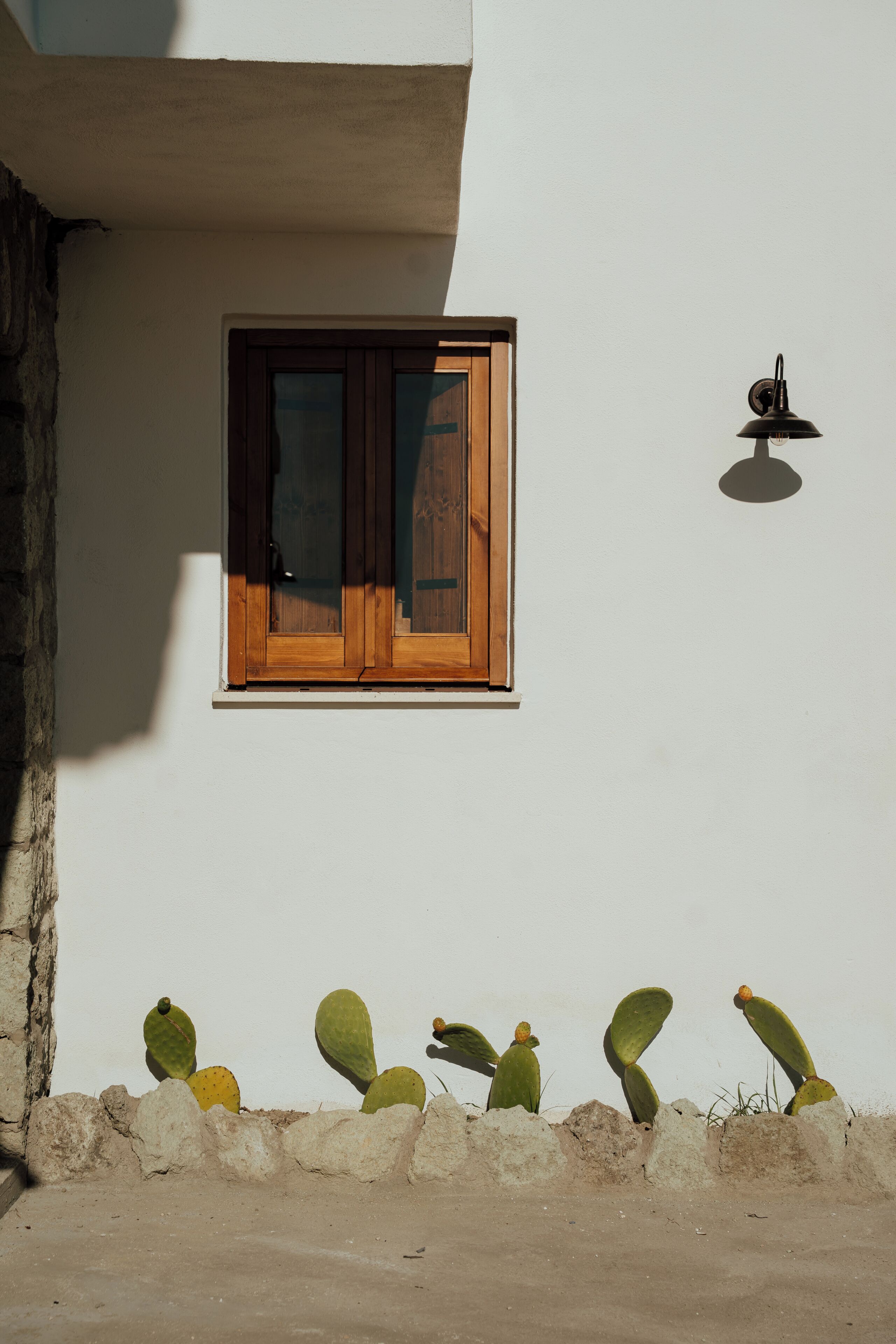 A window with wooden frames, a wall-mounted light fixture, and cacti against a white wall.