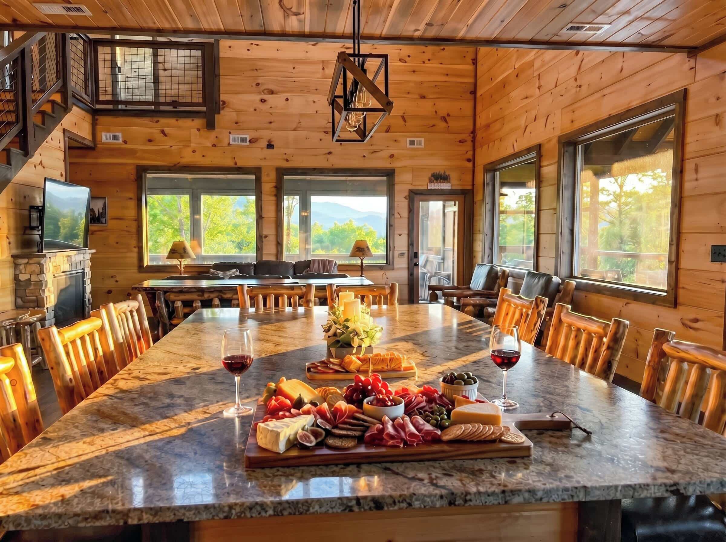 A wooden cabin interior with a large dining table set for a meal, featuring a variety of cheeses, meats, and fruits.