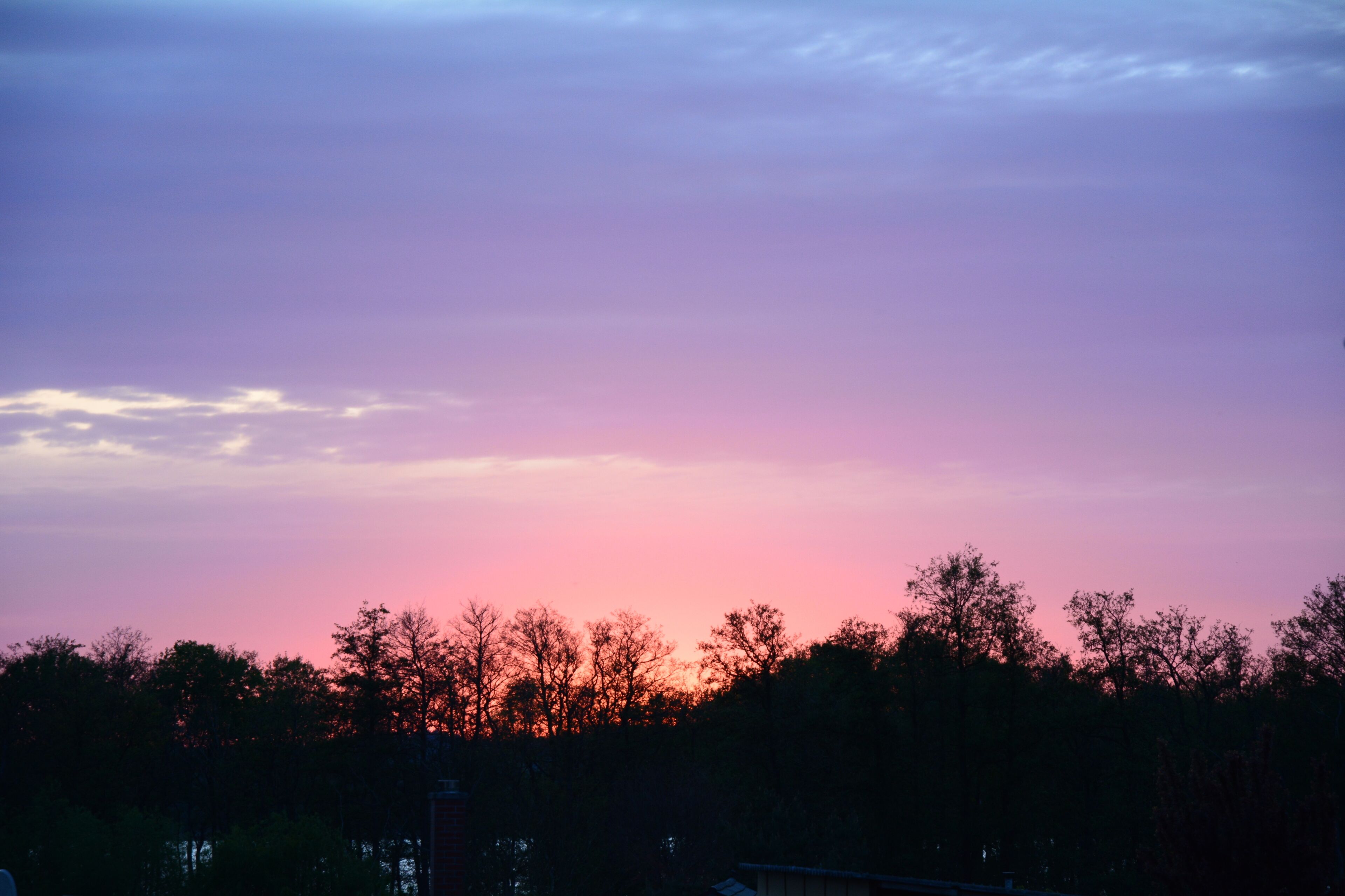 A sunset with a gradient sky, silhouetted trees, and a building in the foreground.