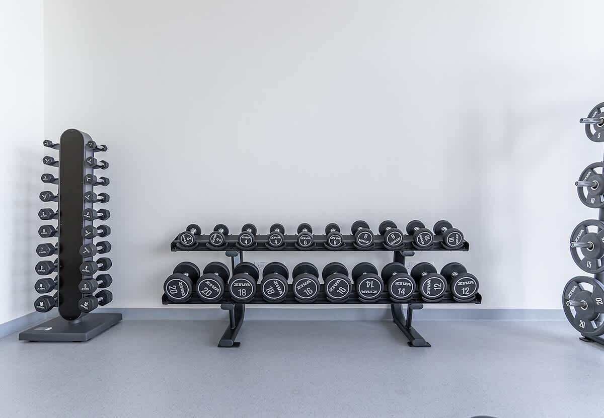 A weightlifting rack with various dumbbells and barbells.