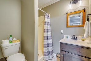 A bathroom with a toilet, shower curtain, sink, and mirror. - Covered Patio, Fire Pit & Grills: Olmstead Getaway (Elkton)