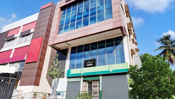 Um edifício moderno com grandes janelas, fachada verde e uma placa com a inscrição 'Collection'.