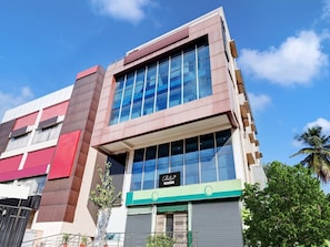 A modern building with large windows, a green storefront, and a sign that reads 'Collection.'