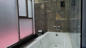 Hair dryer, towels, soap, shampoo