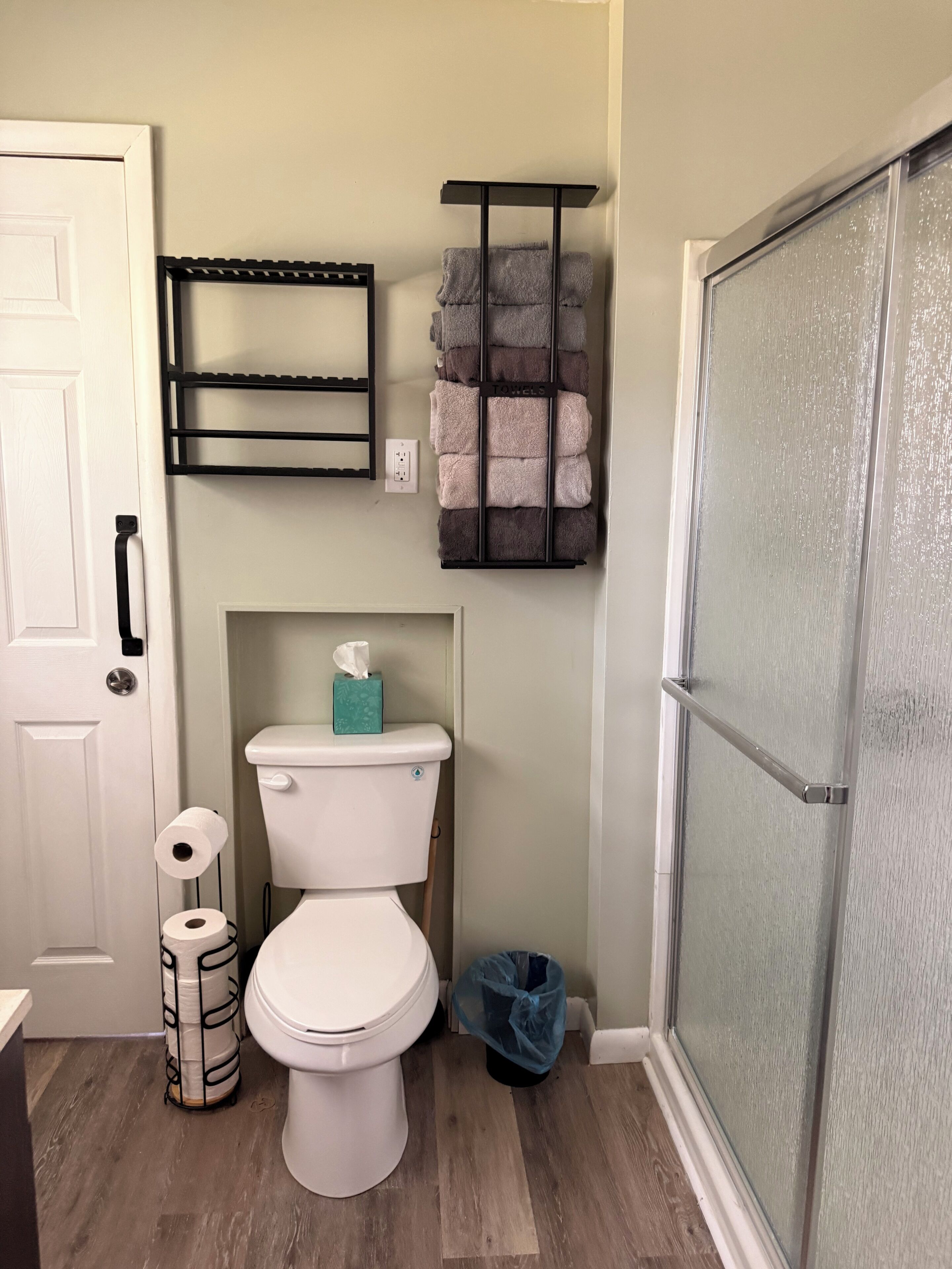 Shower, towels, soap, toilet paper