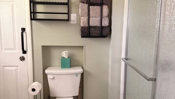 Shower, towels, soap, toilet paper