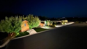 Eine ruhige Wohnstraße bei Nacht mit Häusern, Bäumen und einer gut beleuchteten Auffahrt.