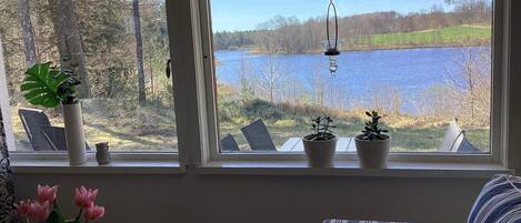 Une pièce dotée d’une grande fenêtre donnant sur un lac, d’un fauteuil, d’un canapé à rayures et d’une petite table sur laquelle est posé un vase de fleurs.