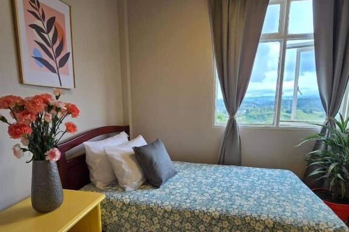Un dormitorio con cama, una mesita de noche, una ventana con cortinas, una planta y un cuadro en la pared.