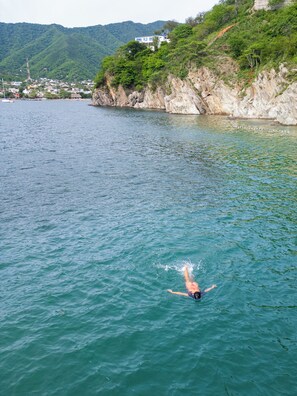 Eine Schwimmerin im Wasser, mit einer bergigen Landschaft im Hintergrund.