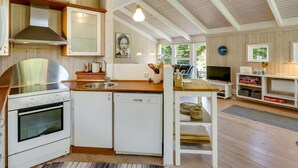 A compact kitchen with a stove, oven, and dishwasher, wooden flooring, and a dining area with a TV and books. - "Ilya" - 900m from the sea by Interhome (Løkken)