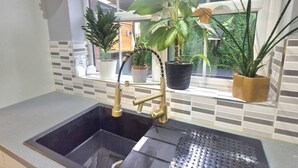 A kitchen with a sink, faucet, and potted plants. - 3BR Tropical Escape in Lisburn and Castlereagh (Lisburn)