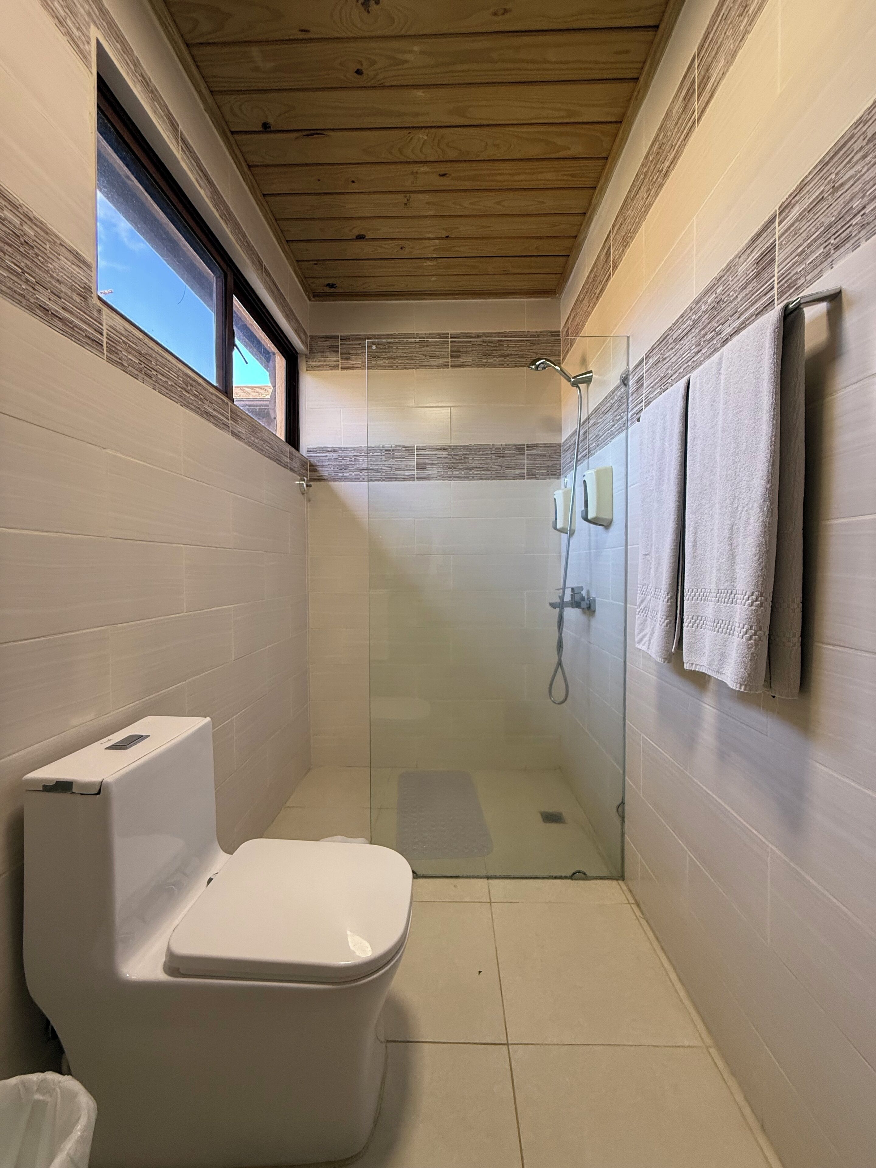 Shower, hair dryer, towels, toilet paper