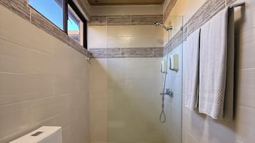 Shower, hair dryer, towels, toilet paper