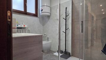 Shower, hair dryer, bidet, towels