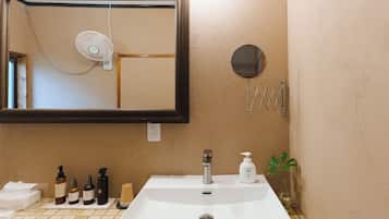 Shower, hair dryer, bidet, towels