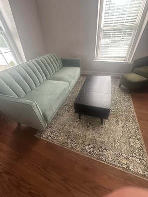 A living room with a sofa, a coffee table, and a patterned rug.