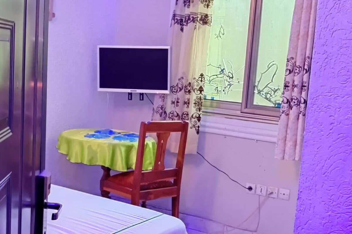Une chambre à coucher comprenant un lit, une chaise, un téléviseur, un climatiseur et une fenêtre avec des rideaux.
