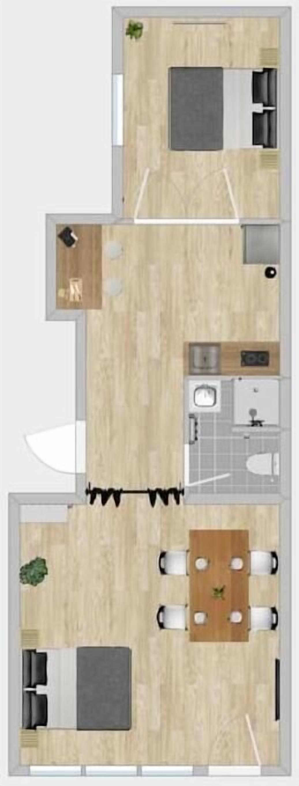 Plano de un cuarto de hotel con cama, escritorio, silla, una mesita y ventana.