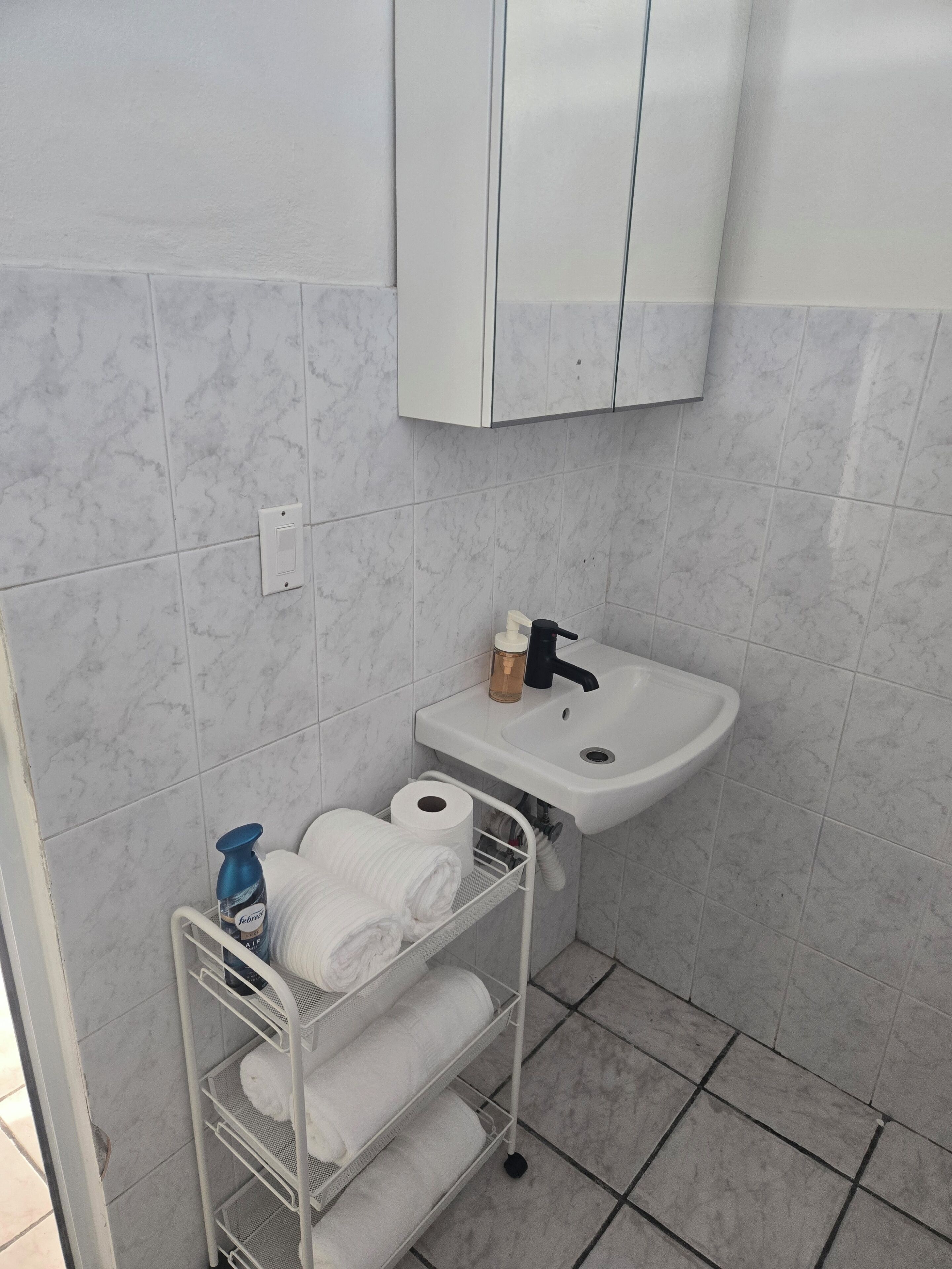 Un baño con un lavamanos blanco, un perchero con toallas y una botella de Febreze.