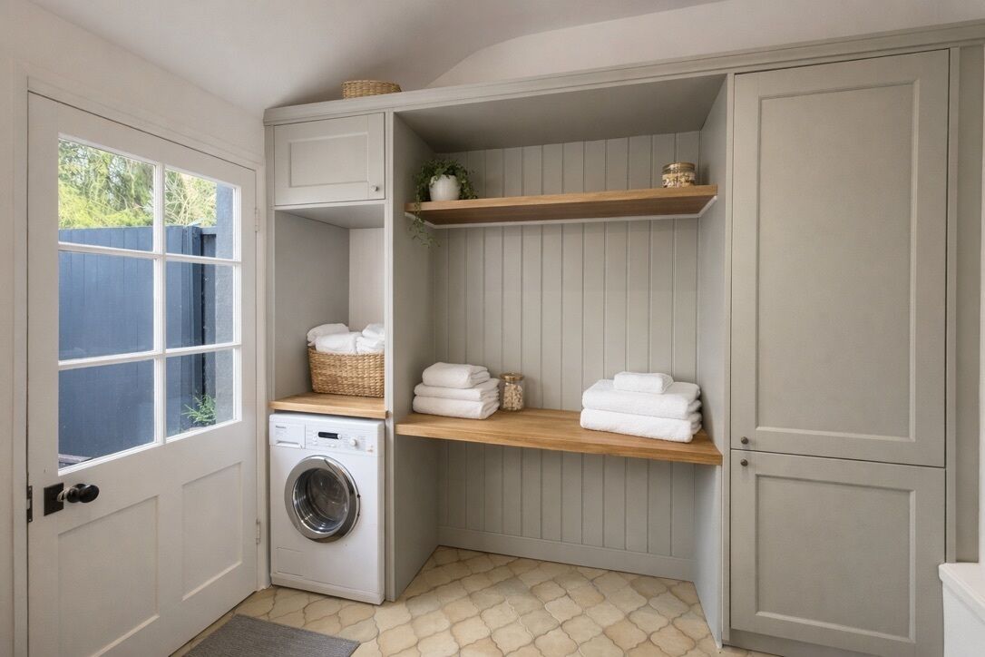 Une buanderie équipée d’un lave-linge, d’étagères où sont pliées des serviettes et d’une porte avec une fenêtre.