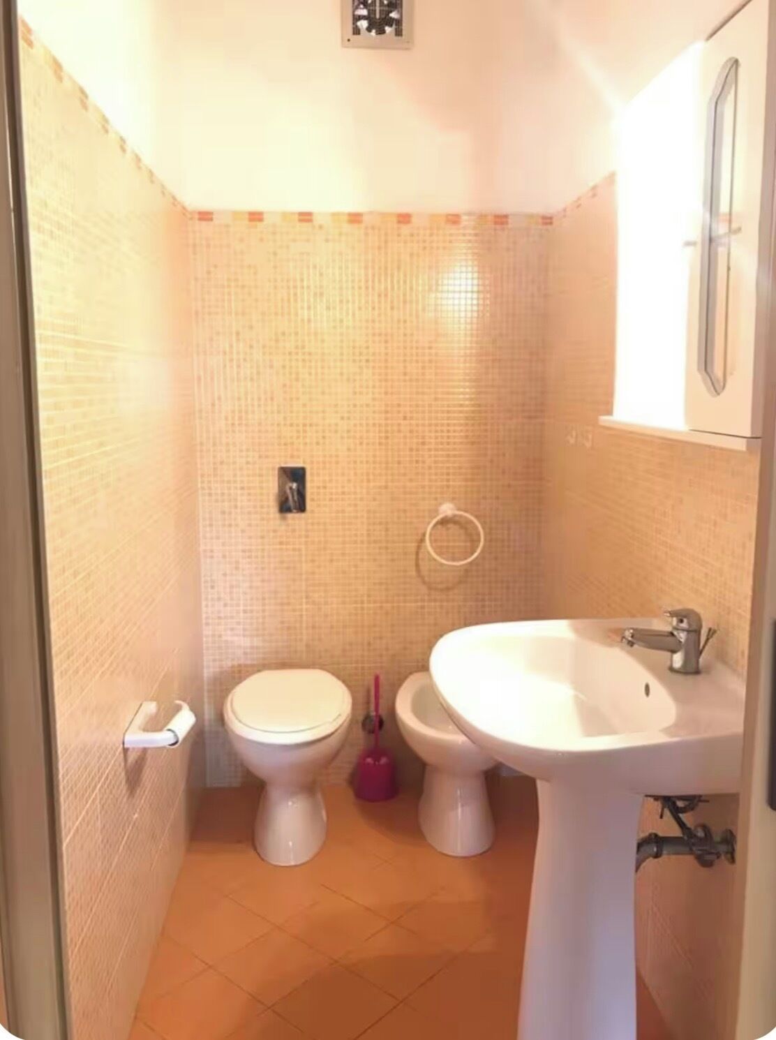 Baño con dos inodoros, un lavamanos y un espejo.